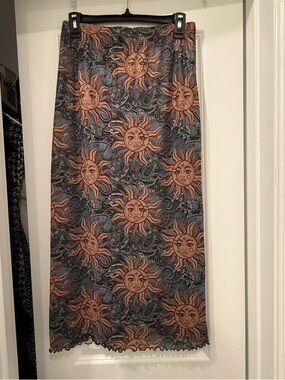 Blue Maxi Skirt with Tan Sun Print
